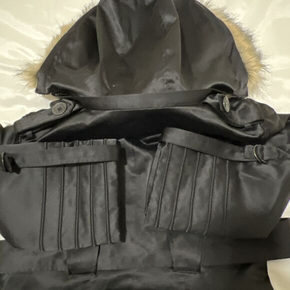 Guess Jacket Trench Coat Removable Faux Fur Trim Hood Womens M Black Gold Lined - Picture 14 of 15